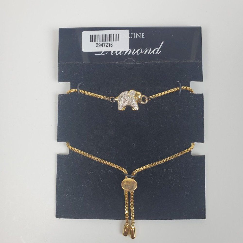 PAJ BR Genuine Diamond Chip Elephant Gold Tone Box Chain Adjustable Bracelet